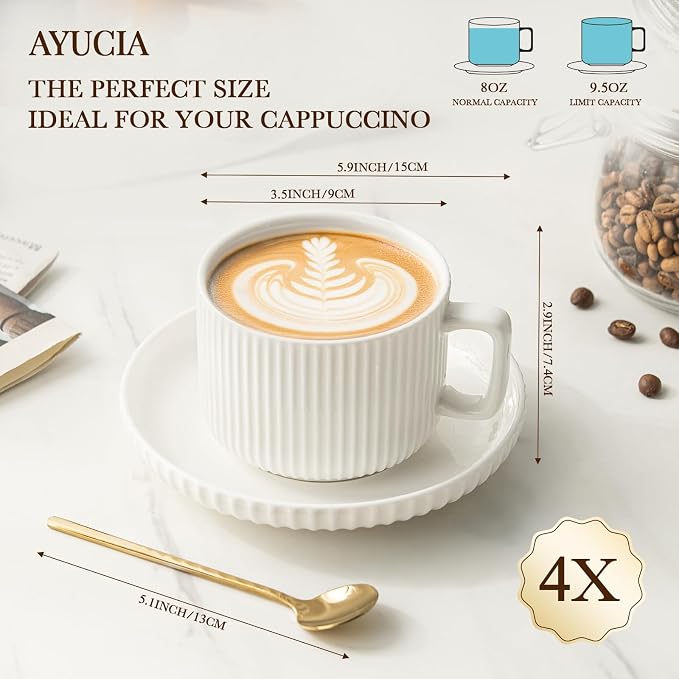 8 Ounce Cappuccino Cups Set of 4, Latte Mugs - Image 5