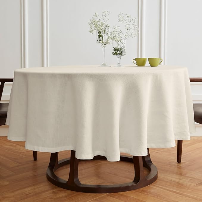 Solino Home Linen 60 Inch Round Tablecloth - 100% Pure Linen Ivory Round Tablecloth - Machine Washable Table Cloth for Spring, Easter - Sonoma