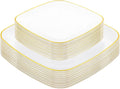 bUCLA 50PCS White and Gold Plastic Plates Disposable - Square Gold Heavy Duty - Include 25 Each (Dinner & Dessert) Plates for Party & Wedding