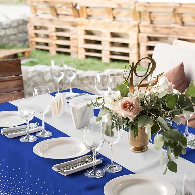 24Pack Disposable Plastic Tablecloths and Satin Table Runner Set Blue and - Image 6