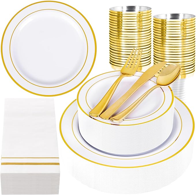 GATHER 350PCS Gold Plastic Plates - White and Gold Disposable Plastic Dinnerware Set Include 50 Dinner Plates, 50 Dessert Plate, 150 Silverware, 50 Napkins, 50 Cups for Party & Wedding