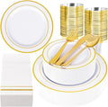 GATHER 350PCS Gold Plastic Plates - White and Gold Disposable Plastic Dinnerware Set Include 50 Dinner Plates, 50 Dessert Plate, 150 Silverware, 50 Napkins, 50 Cups for Party & Wedding