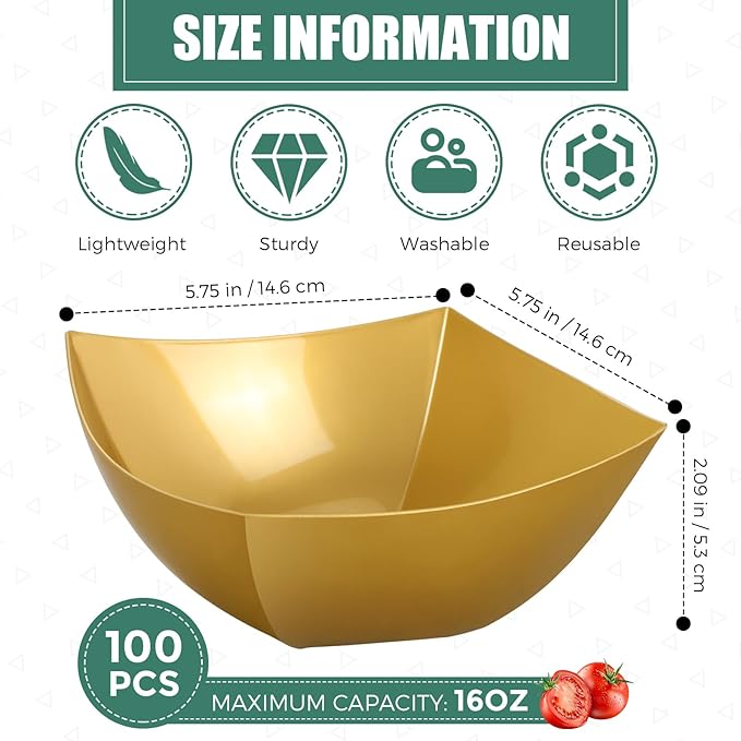 Sliner 100 Pcs Square Plastic Bowls Plastic Serving Bowls Disposable Chip Containers for Parties Snack Fruit Candy Containers for Candy Buffet Salad Bar Buffet Party Supplies(Gold,16 oz)