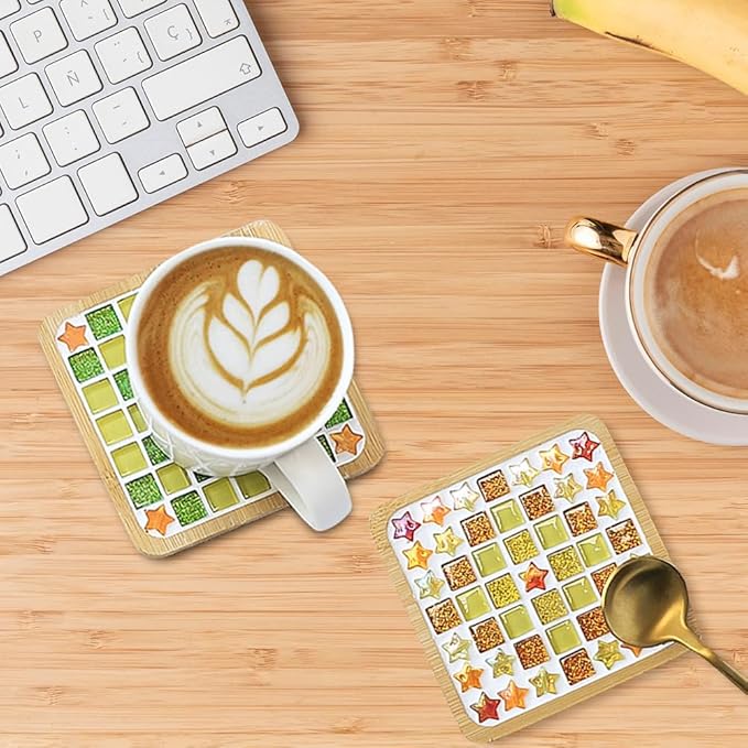 Airsnigi 10 Set DIY Mosaic Tiles for Crafts Mixed Color Mosaic Kits with Wooden Coasters Handmade Glass Coasters Crafts Set for Adult Creative Handmade Home Decoration Christmas Gift