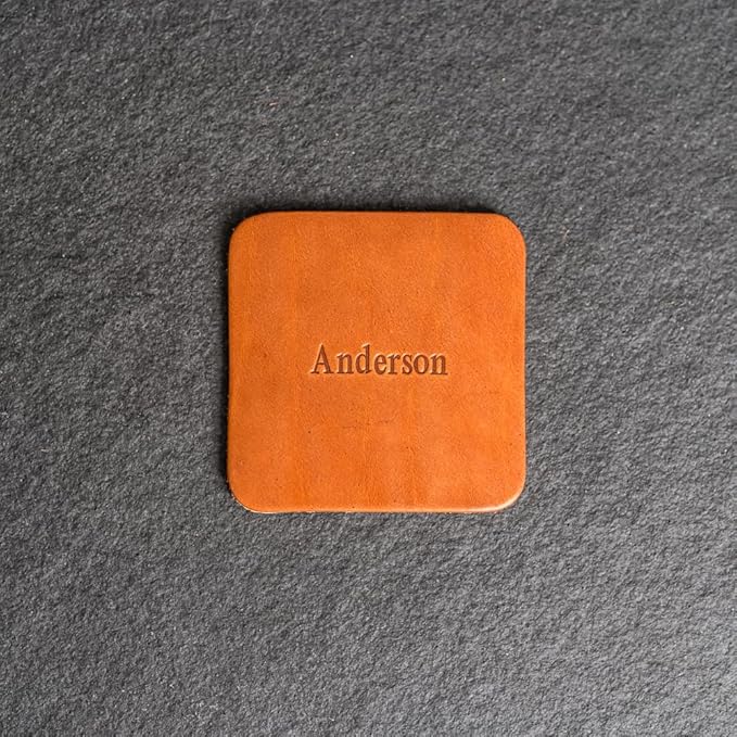 Ox & Pine Personalized Leather Coaster - Sold Individually or in Sets of 4 - Customize Inscription - 100% Full-Grain Leather – 4" Round or 4" Square (Round, Stone Natural, 1 Individual Coaster)
