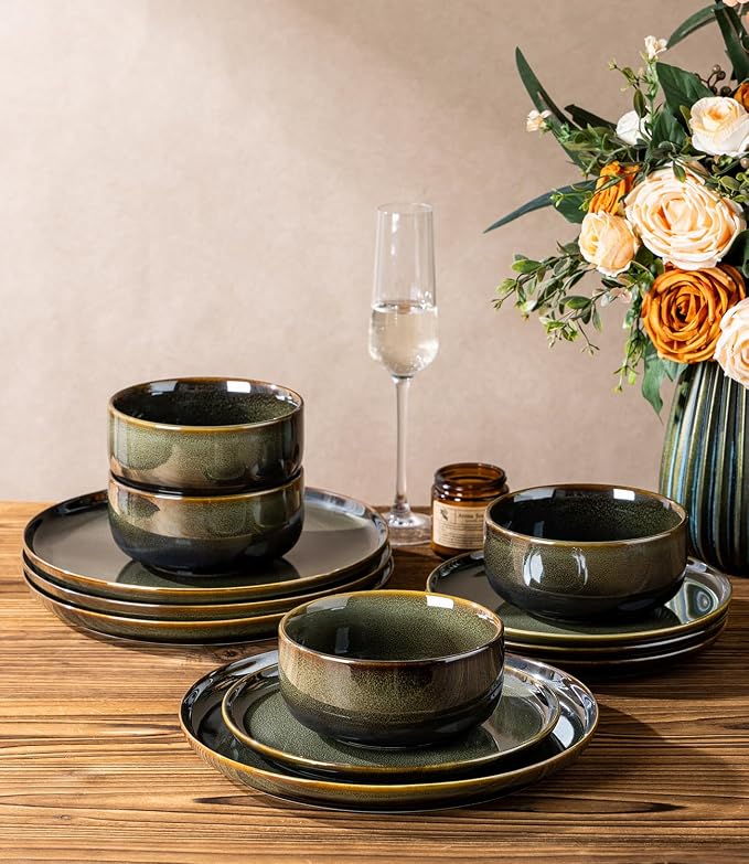 Ceramic Dinnerware Set for 4, 12-Piece Plates and Bowls Set | Handmade Reactive - Image 3