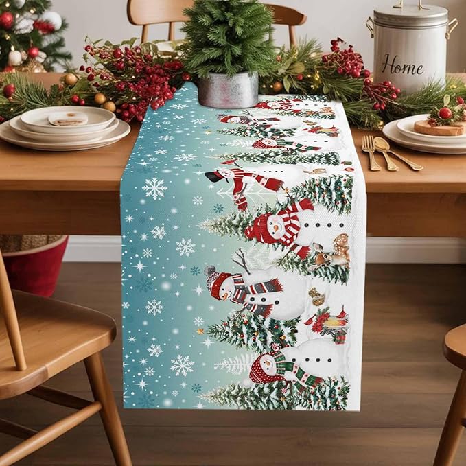 Teal Christmas Snowman Table Runner 108 Inches Long, Xmas Trees Snowflake Table - Image 2