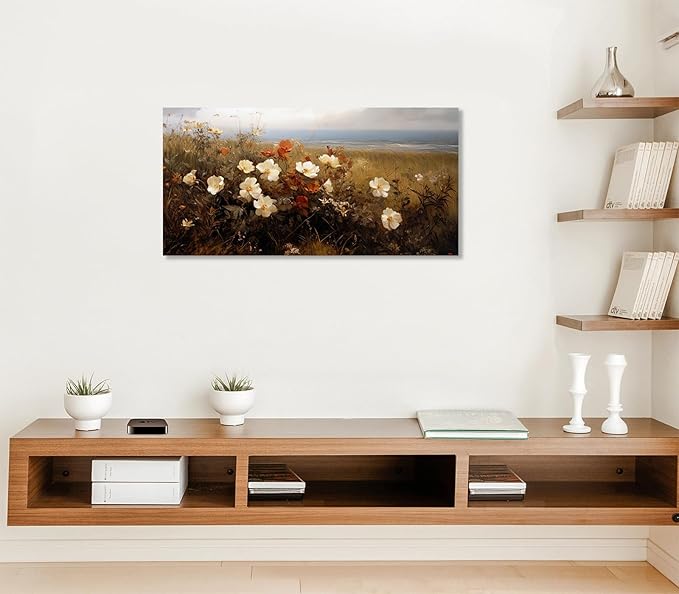 ADJUVANT Wall Art Vintage Coastal Wildflower Field 48"L x 24"W, Seaside Meadow With White And Orange Blooms Canvas Painting Nature Artwork Retro Floral Prints Botanic Wall Decor for Living Room Bedroom