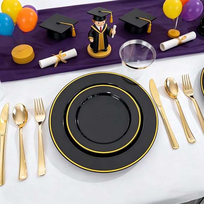 SUT 175 Piece Black and Glod Plastic Dinnerware Set - Image 4