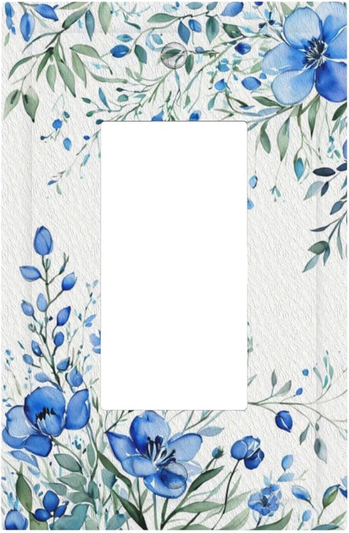 Outlet Covers Blue Watercolor Flowers Retro Floral Leaves 1 Gang Wall Plate Single Rocker Light Switch Cover Decorative GFCI Receptacle Electrical Switchplate for Bathroom Bedroom Decor（2 Pack）