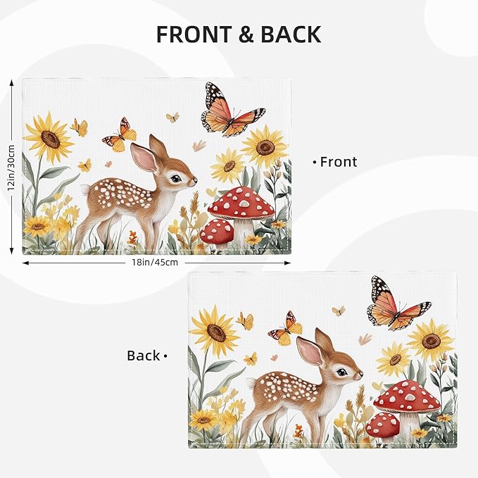 Cute Deer Placemats Set of 4, Sunflower Butterfly Place Mats, Sika Deer Waterproof Washable Table Mats for Home Party Indoor Kitchen Dining Table Decoration 12x18 Inch
