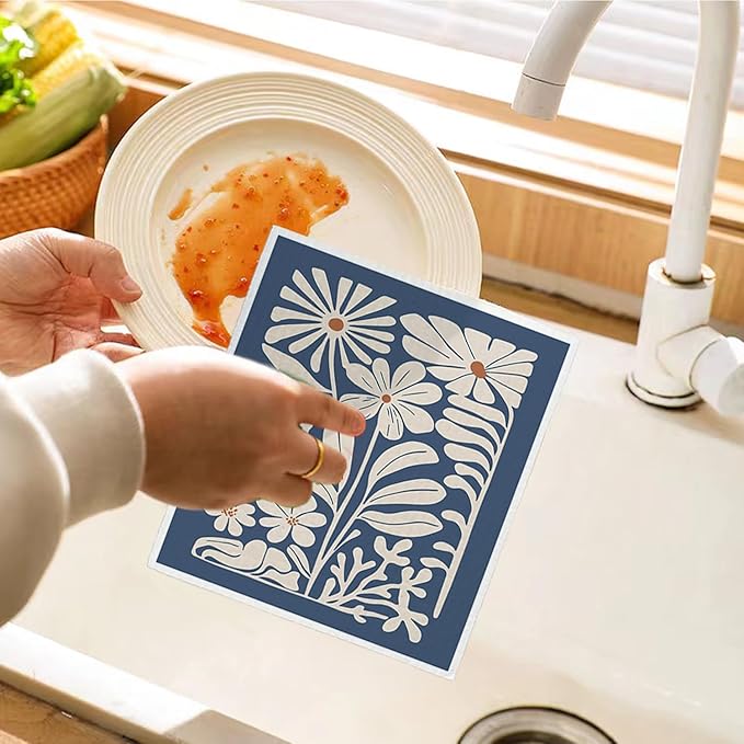 Spring Flower Swedish Dishcloths for Kitchen, Boho Navy Blue Swedish Dish Cleaning Cloths for Floral, 4 Pack Dish Towels for Kitchen, Papaya Reusable Paper Towels Washable