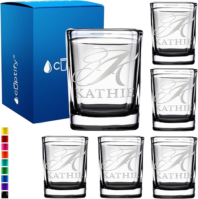 Personalized Shot Glasses Set of 6 Initial and Name 2oz Black Bottom Etched Square Shot Glass Engraved with Custom Text Birthday Gift for Men and Women