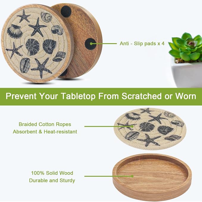 5 Pack Coasters for Drinks Absorbent, 4.3 inches Ocean Beach Woven Coasters for - Image 5