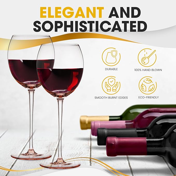 Colored Red Wine Glasses Set of 2 - Elegant Long Stem Wine Glass - 13.3oz (Rose Pink)