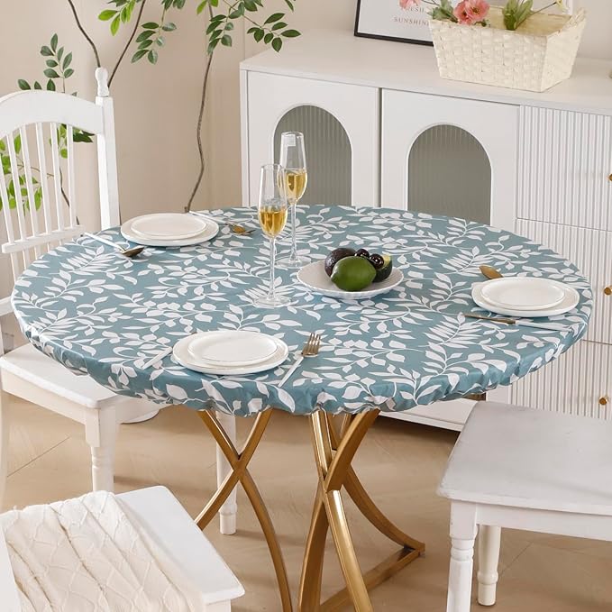 Walrus Round Vinyl Fitted Tablecloth with Flannel Backing Elastic Edge Design Table Cover Waterproof Oil-Proof PVC Table Cloth Stain-Resistant Best for 45"-56" Round