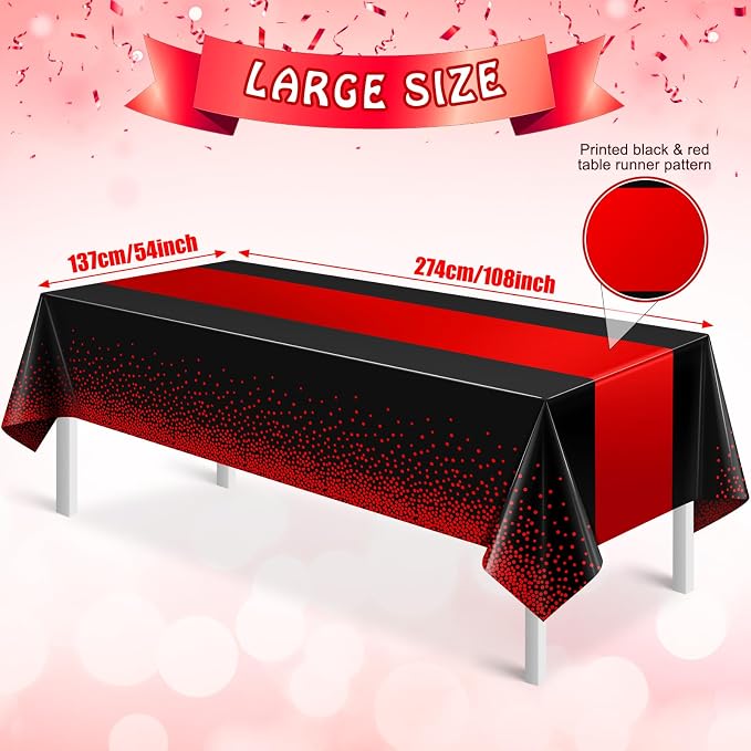 MASHAN 3Pcs Black and Red Tablecloth Party Decorations, Plastic Black Table - Image 2
