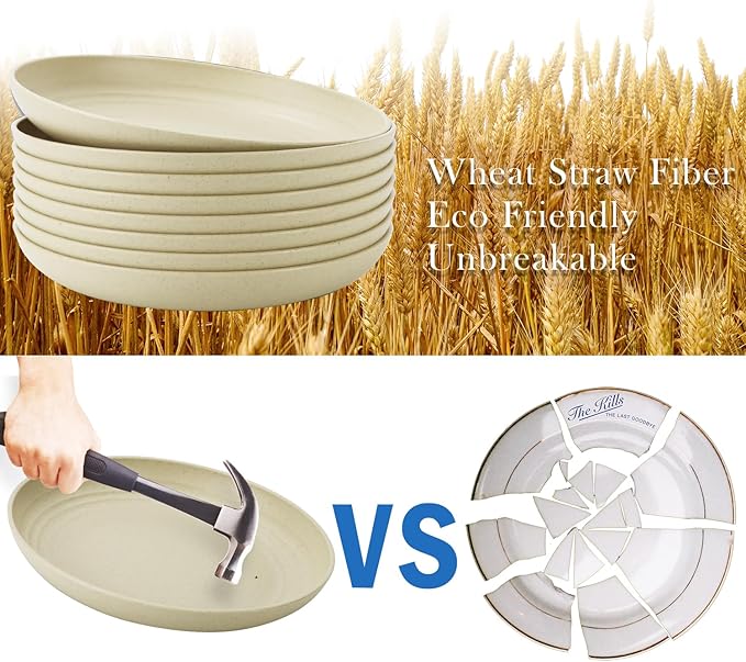 Wheat Straw Dinner Plates Set of 8, 10 Inch Beige, Lightweight & Unbreakable, Microwave & Dishwasher Safe Kids Plates