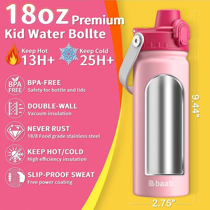 baab 18oz Kids Insulated Water Bottle 18/8 Stainless Steel Kids Cup 1 Pack | - Image 2