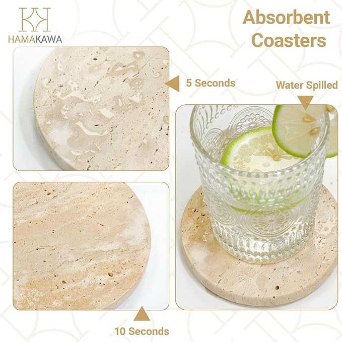 Real Natural Travertine Coasters Set of 4, Round Beige Marble Stone 4 inch, Modern Drink Coasters for Home Decor, Coffee Table, Office