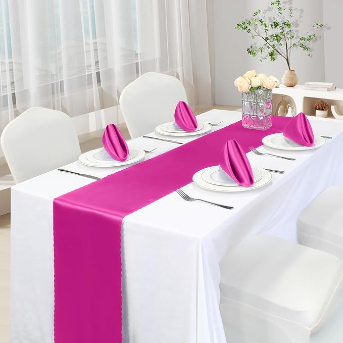 VACVELT Hot Pink Satin Table Runners, 12x72 Inch, 2 Pack, Scalloped Edge | - Image 2