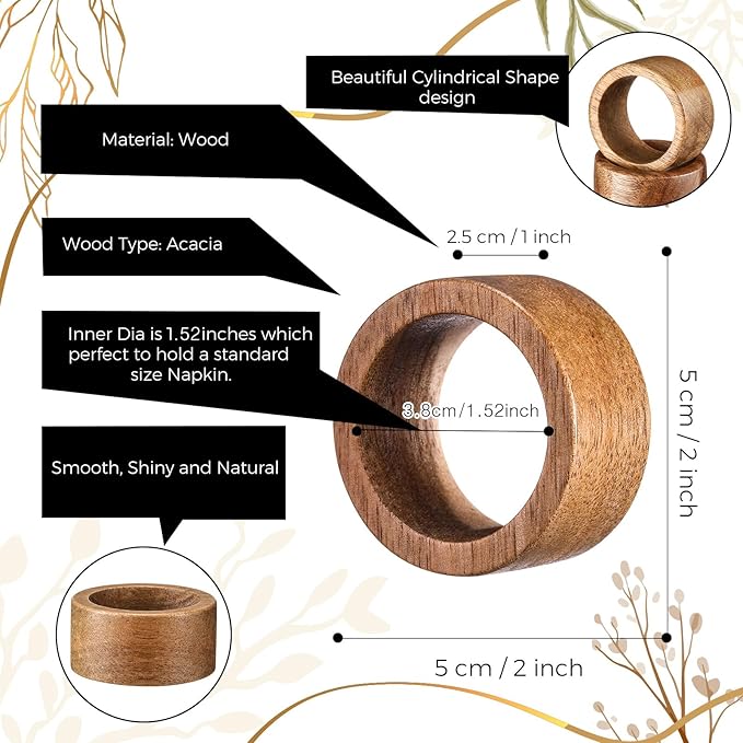Zhehao 50 Pcs Wood Napkin Rings Bulk Acacia Handmade Dining Table Napkin Holder Buckles for Winter Spring Valentine's Day Wedding Dinner Harvest Holiday Table Decoration(Round,Brown)