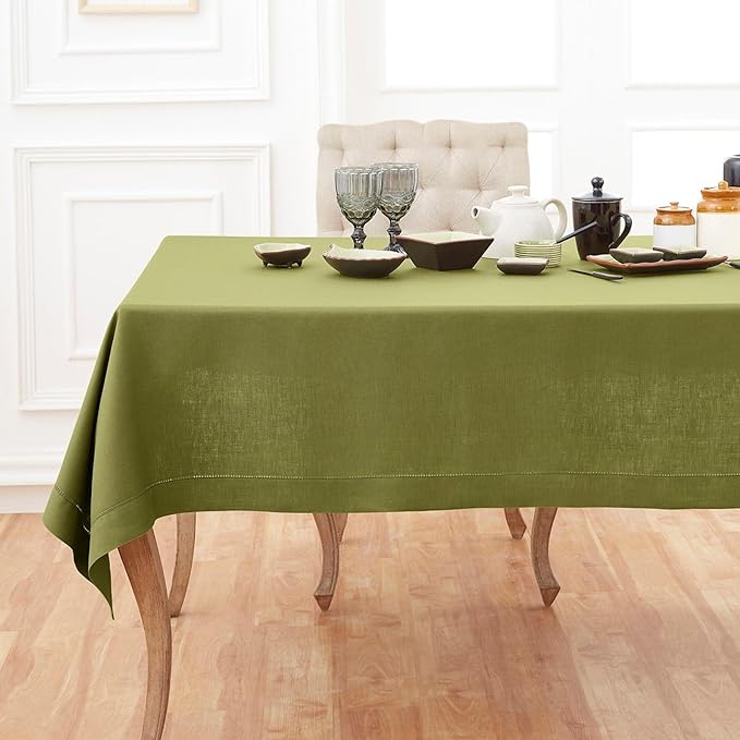 Solino Home Linen Avocado Green Tablecloth 60 x 120 Inch - Classic Hemstitch, 100% Pure Linen Rectangular Tablecloth - Machine Washable Table Cloth for Winter, Spring, Easter, St Patricks Day