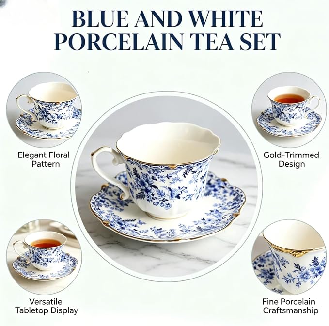 Vintage Porcelain Floral Tea Set — 22oz Teapot + 2 Tea Cup & Saucer Sets + 2 - Image 8
