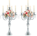 2 Pcs 20.3'' Tall 5 Arm Silver Candelabra Centerpiece for Table, Metal Crdystal Candle Holder, Retro Candlestick Table Centerpieces for Party, Events, Home, Wedding Decor (2, Silver)