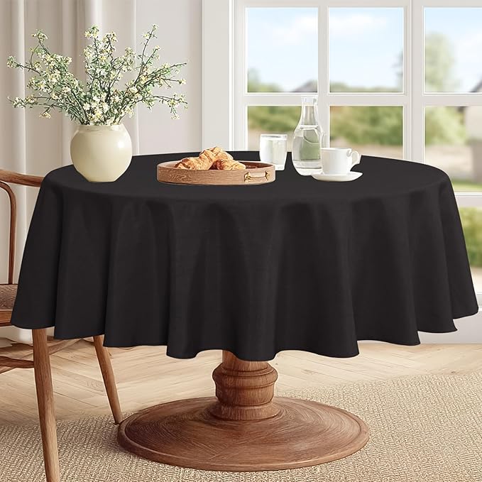 JIUZHEN Round Tablecloth Linen Textured Wrinkle Stain Resistant Farmhouse Table Cloth Decorative Fabric for Kitchen, Dining, Party, Wedding,Outdoor Use,50 Inch Round,Black