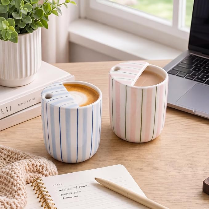 2 Pack Ceramic Mug with Sip Hole 10 oz Stripes Pattern Espresso Cup Coffee Mug - Image 6
