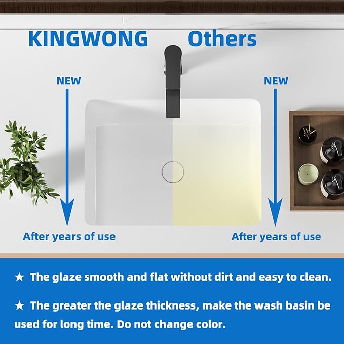 18 Inch White Rectangle Vessel Sink for Bathrooms 18.3" x 13.78" Small Undermount Bathroom Sink Ceramic Porcelain Under Counter Basin Sink with Overflow 465mm x 350mm Lavamanos Para Baños KINGWONG