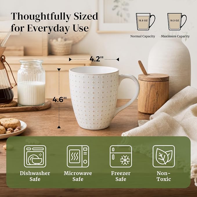DOWAN Coffee Mugs Set of 6, 19 oz Large Mug, Ceramic Embossment Stoneware Tea - Image 2