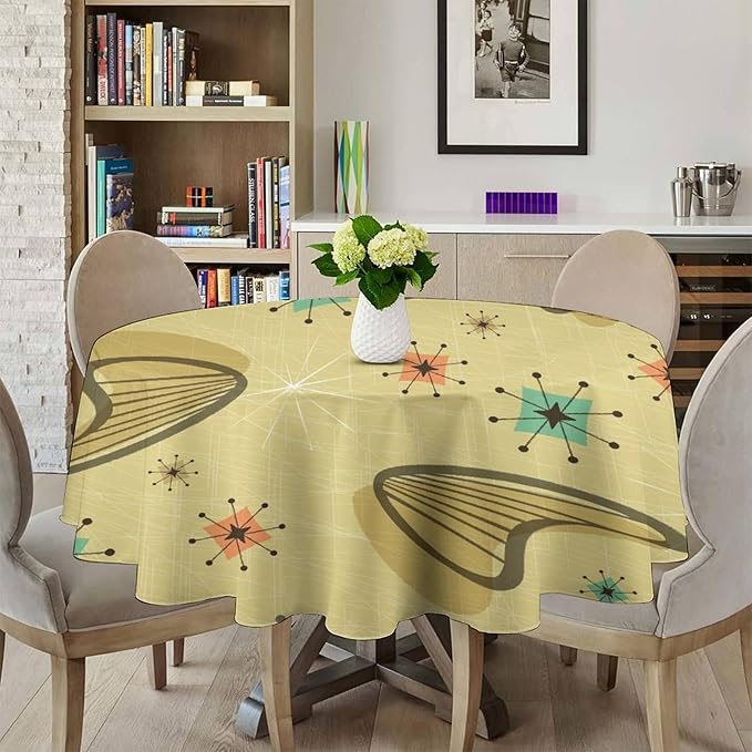 Mid Century Round Tablecloth, Retro Abstract Atomic Boho Geometric Art Printed Tablecloth for Home Party Dining Room Kitchen Decor 60Inch(152cm)