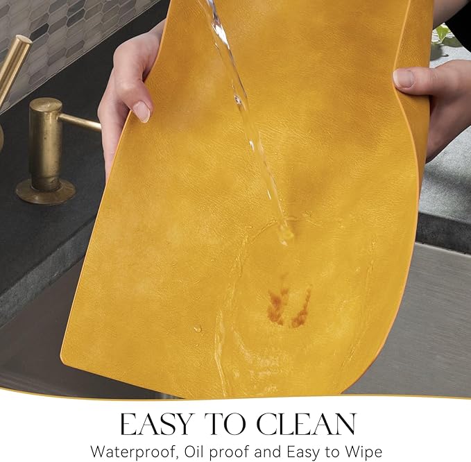 MOSAYT Vinyl Placemats Set of 6-12 X 17 Inch - Faux Leather 100% Waterproof Oil-Proof Wipeable PU Place Mats, Heat Resistant Reversible Table Mats for Kitchen, Dining, Outdoor (Yellow)
