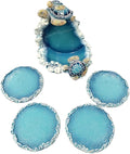 De Leon Collections Round 4-Piece Coaster Set With Decorative Holder, 3.5 Inch Polyresin, Blue Sea Turtles