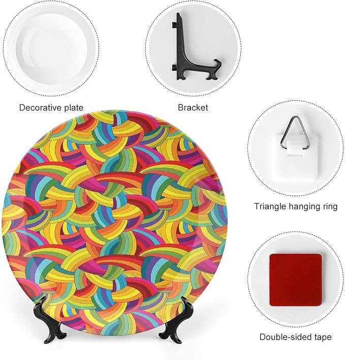 Decorative Plates, Abstract Decor Print Ornament, Colorful Rainbows Wheels Spiral Wavy Fashionable, 7 Inch, 1 Plate with 1 Display Stand, Multy