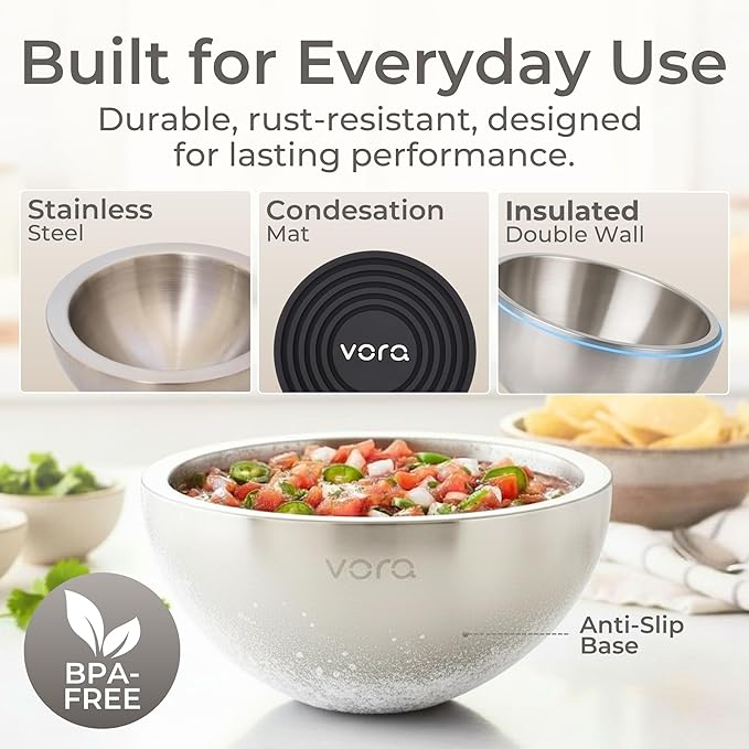 Vora 18oz Dip Chiller Bowl | 2 Pack Stainless Steel Chilled Dip Bowl for Dips, Guacamole, Hummus, Salsa | Insulated Serving Dishes with Easiest Water Fill & Refillable Chamber