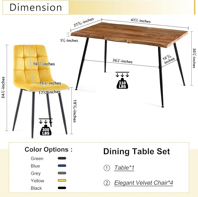Rectangular Dining Table Set with Upholstered Chairs - Modern Kitchen Table and Chairs Set of 4 for Small Spaces - Yellow