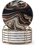6 Pcs Black and Gold Marble Coasters with Holder Best Round Absorbent Coasters for Drinks, Coffee, Beer, Table Marble Personalized Coaster Sets