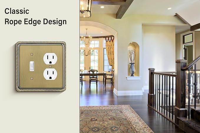 Henne Bery Rope Edge Decorative Wall Plate Switch Plate Outlet Cover (Toggle/Duplex, Antique Brass)