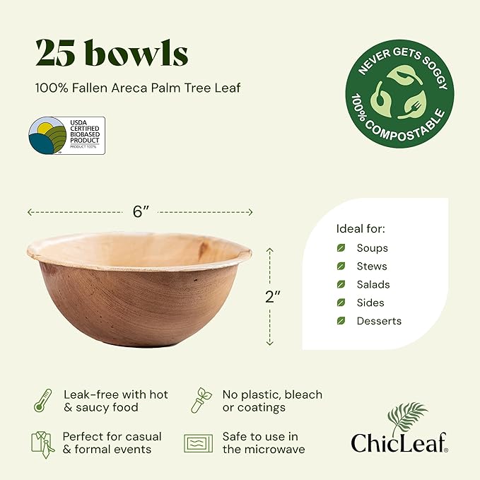 Chic Leaf Palm Leaf Bowls - Mini Disposable Bamboo Bowls - Small Plates & Dessert Cups for Party Events, Valentine's Day - Biodegradable & Compostable Party Supplies (6'' Round - 25 Pack)