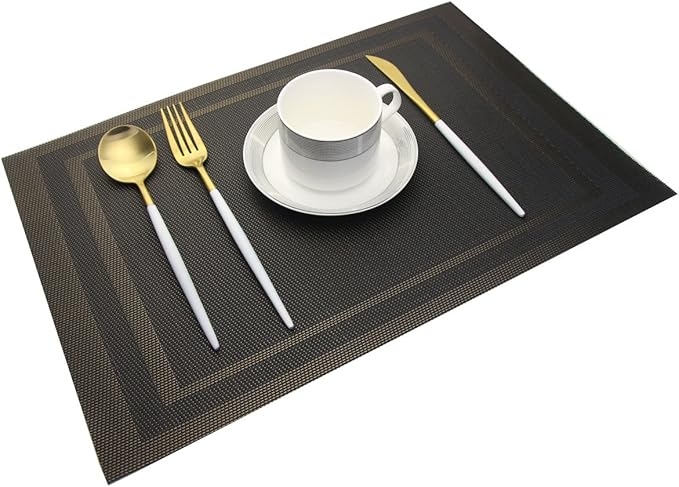 Placemats Vinyl Washable for Dinner Table Stain Insulation Easy to Clean Table Mats Set of 6 (Gold+Black)