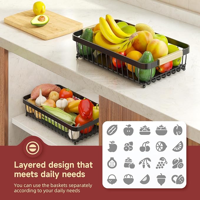 2-Tier Fruit Basket with Banana Hangers, Detachable Metal Bowl | Wooden handle - Image 6