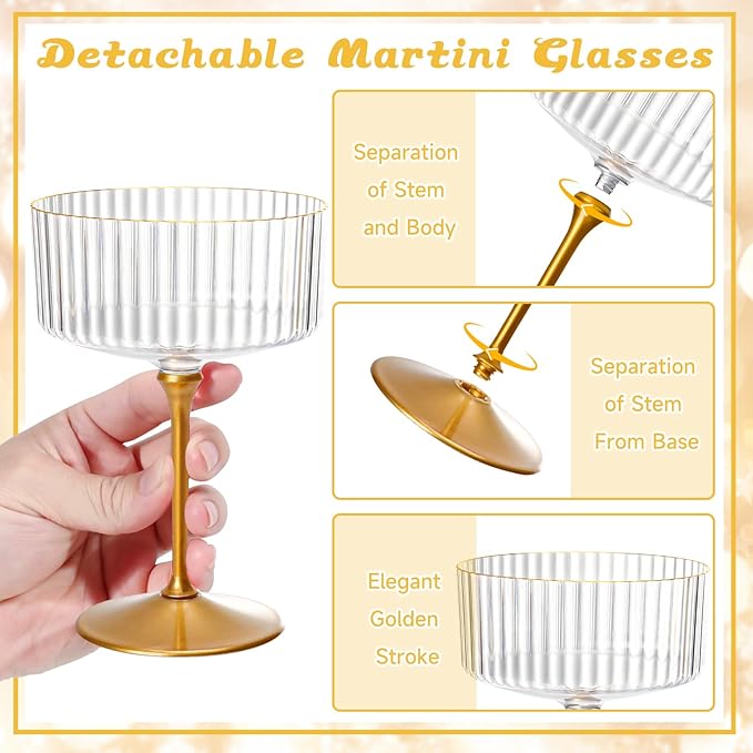 XUWAIDSGN 12 Pcs Champagne Martini Glasses 9 Oz with Gilded Removable Gold Rim Coupe Glasses Pink Martini Glasses Plastic Mimosa Vintage Coupe Glasses Set For Wedding Anniversary (12, Ribbed Gold)