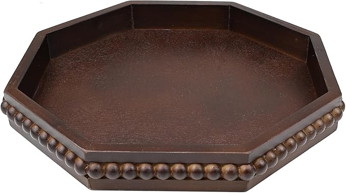Retro Brown Octagonal Wood Decorative Tray, Small Farmhouse Wooden Serving Tray with Beads, Versatile Coffee Table Tray for Kitchen Counter, Ottoman, Living Room