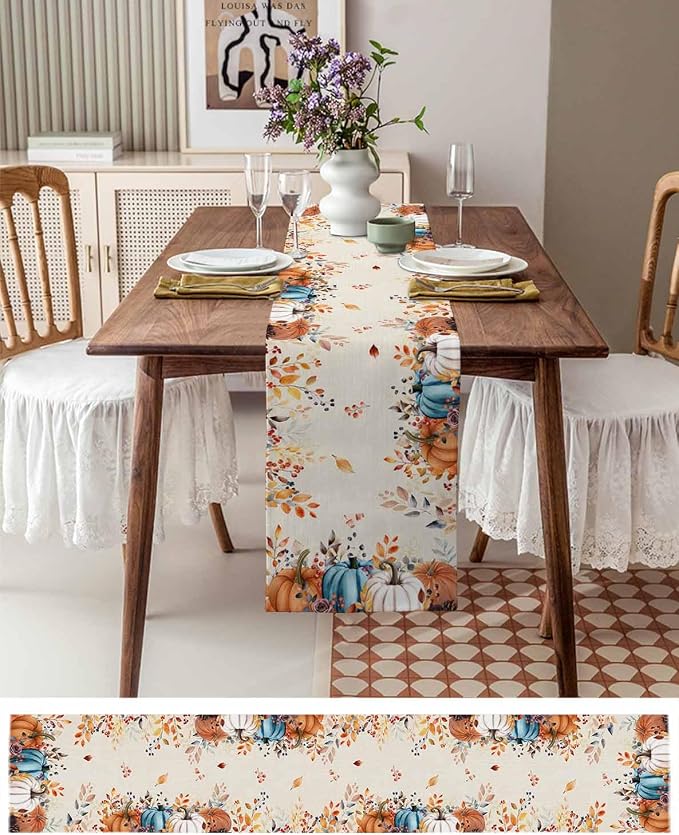 Orange Blue Pumpkin Fall Table Runner 120 Inches Long, Thanksgiving Eucalyptus - Image 4