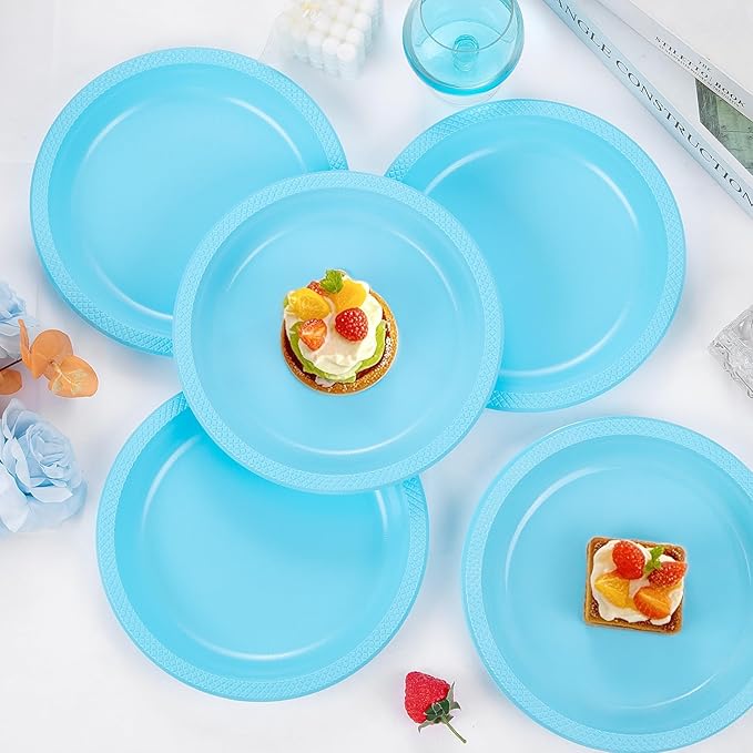 WELLIFE Light Blue Party Plates 9 Inch -150 Count, Disposable Plastic Baby Blue Dinner Plates for Party Dessert Cake Appetizer Baby Shower