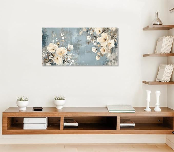 ADJUVANT Wall Art Vintage Floral 60" L x 30" W, Creamy Flowers On Distressed Blue Background Canvas Painting Blossoms Artwork Prints Floral Wall Decor for Living Room Bedroom Dining Room Home Office