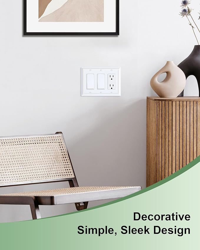 2-Pack Decorative Tripple Decorator Outlet Cover Plate, Durable Natural Bamboo Fiber Pure White Wall Plates for Electrical Outlets, Receptacle, GFCI Outlet, Dimmer Switch, 3-Gang, Corrosion Resistant